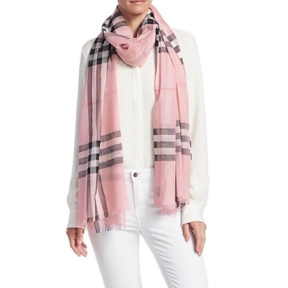 NEW BURBERRY Giant Check Wool Silk Gauze Scarf Ash Rose 220x70cm - Picture 6 of 13